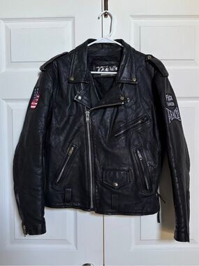 Vintage Trails Leather Black Biker Jacket Wings Patches Size 42